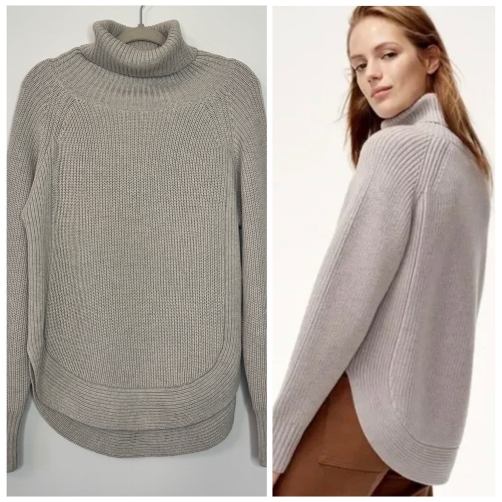 Aritzia Wilfred Asianna Sweater Turtleneck Scoop Hem Tan 100% Merino Wool Sz M